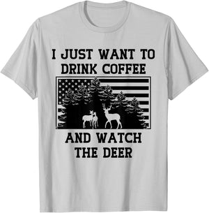 Coffee Drinker Deer Lover American Flag USA Caffeine Addict T-Shirt - T-Shirt | Ash