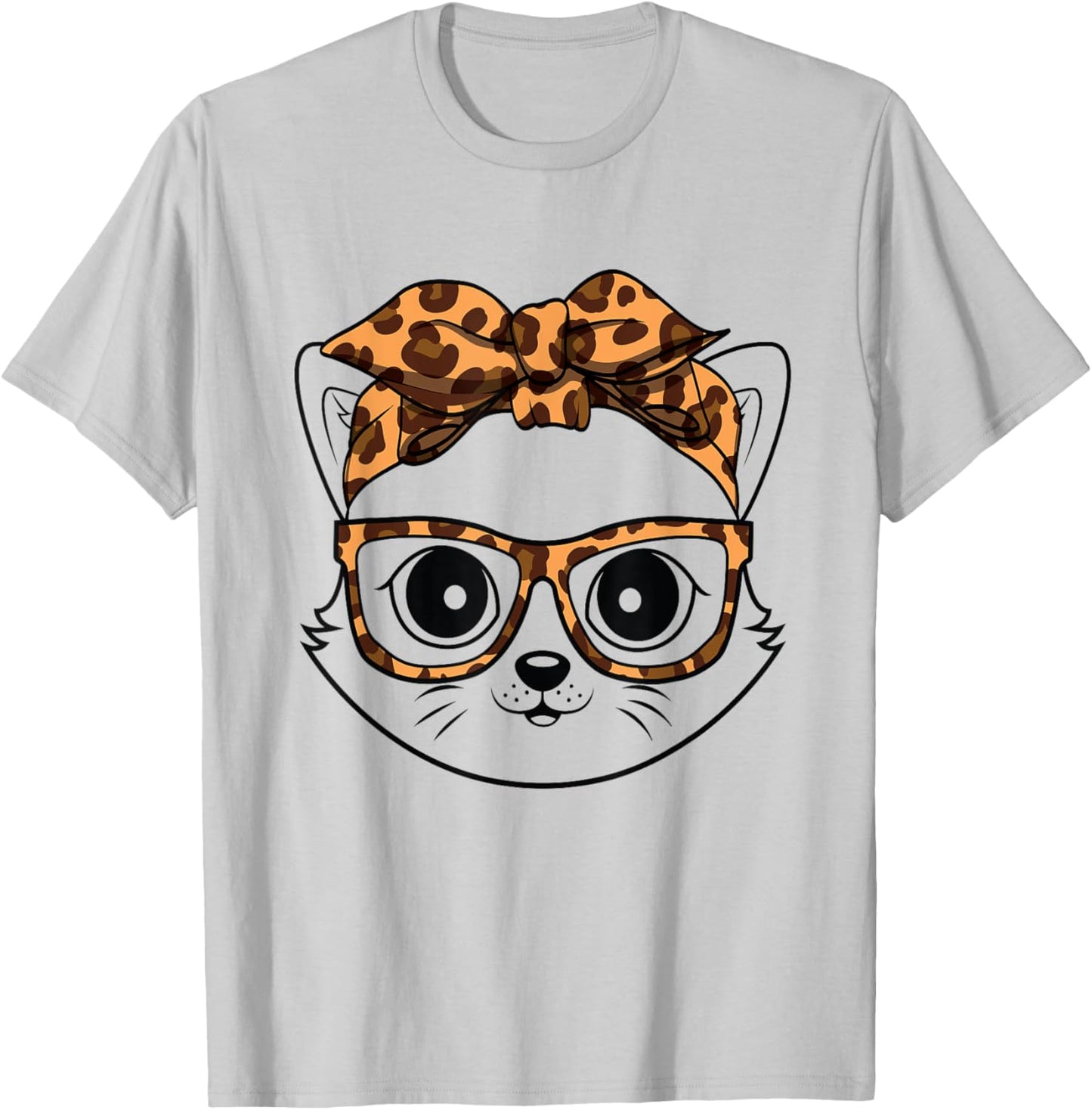 Cute Cat Face Wearing Leopard Print Glasses T-Shirt - T-Shirt | Ash