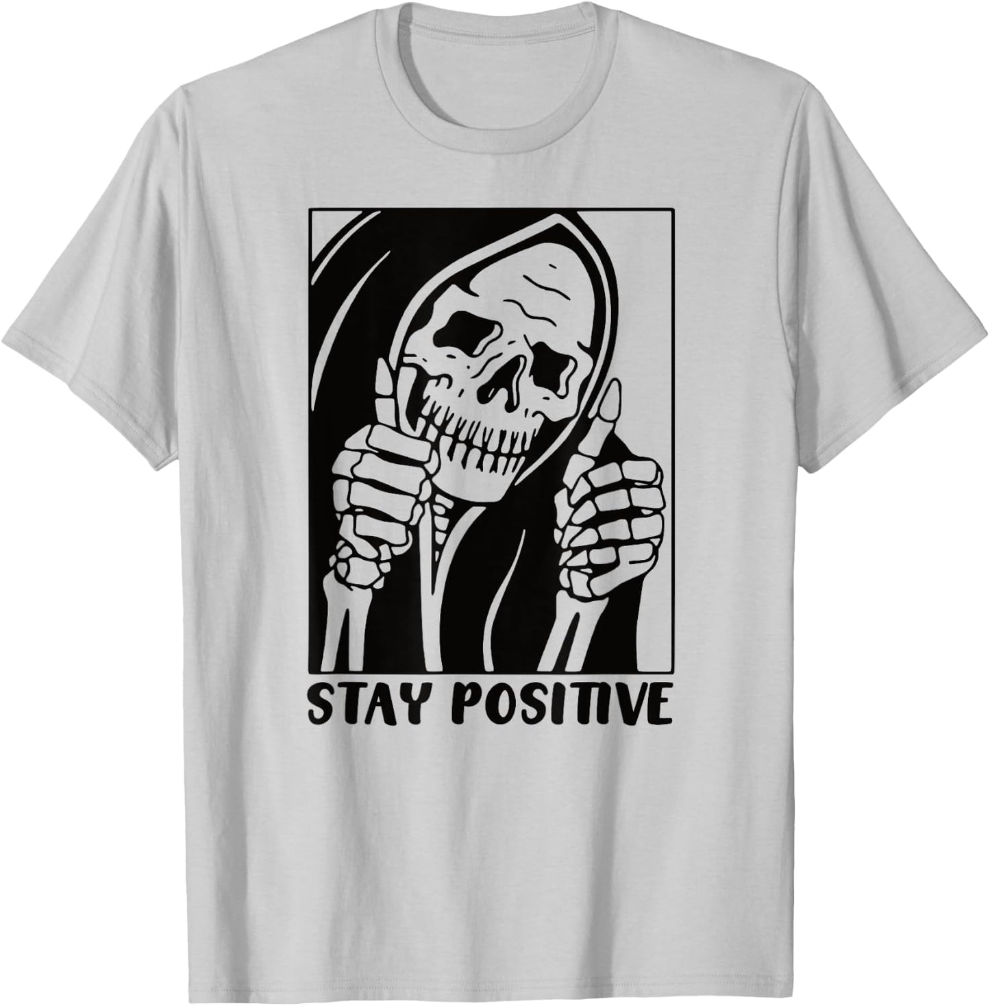 Death Stay Positive Skeleton Thumbs Up. Black Graphic T-Shirt - T-Shirt | Ash