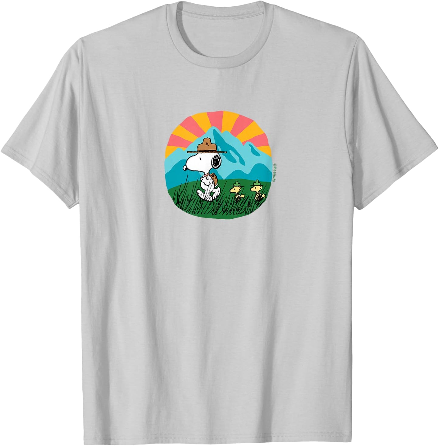 Peanuts - Snoopy and Woodstock Hiking Mountain T-Shirt - T-Shirt | Ash