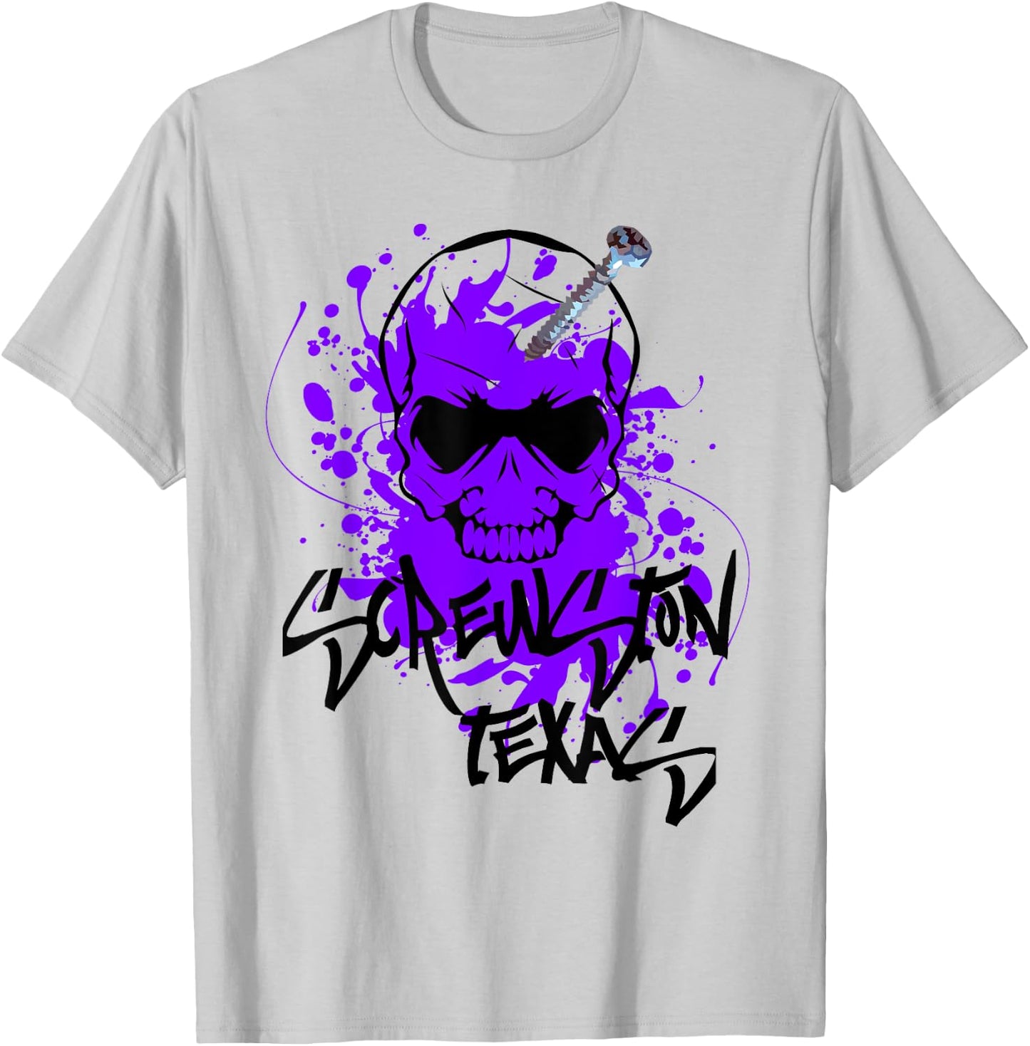Screwston Texas | Screwhead Skeleton Skull with Purple Paint T-Shirt - T-Shirt | Ash