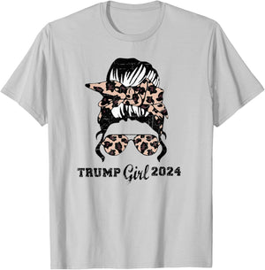 Trump Girl 2024 Leopard Shades Messy Bun Pro Trump Women T-Shirt - T-Shirt | Ash