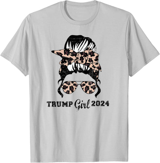 Trump Girl 2024 Leopard Shades Messy Bun Pro Trump Women T-Shirt - T-Shirt | Ash