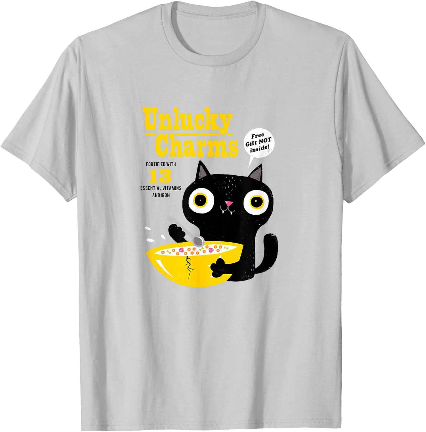 Funny Cat Cereal: Unlucky Charms-Official DinoMike Design T-Shirt - T-Shirt | Ash