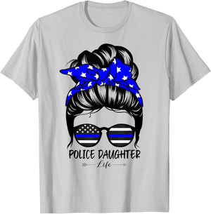Police Daughter Life Messy Bun Hair Funny Police Daughter T-Shirt - T-Shirt | Ash