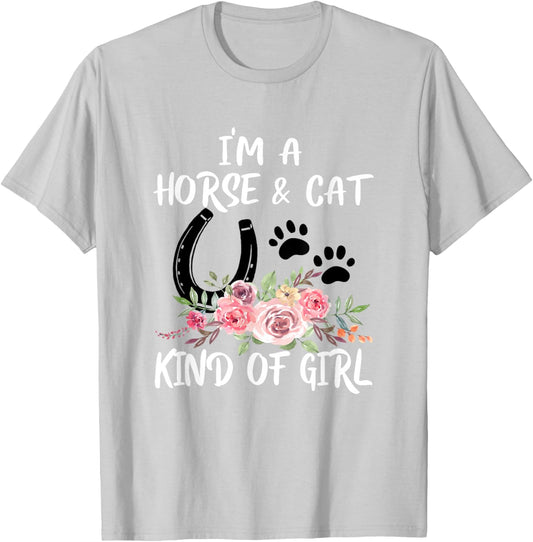 I Am Horse & Cat Kind Of Girl Horseshoe Paws T-Shirt - T-Shirt | Ash