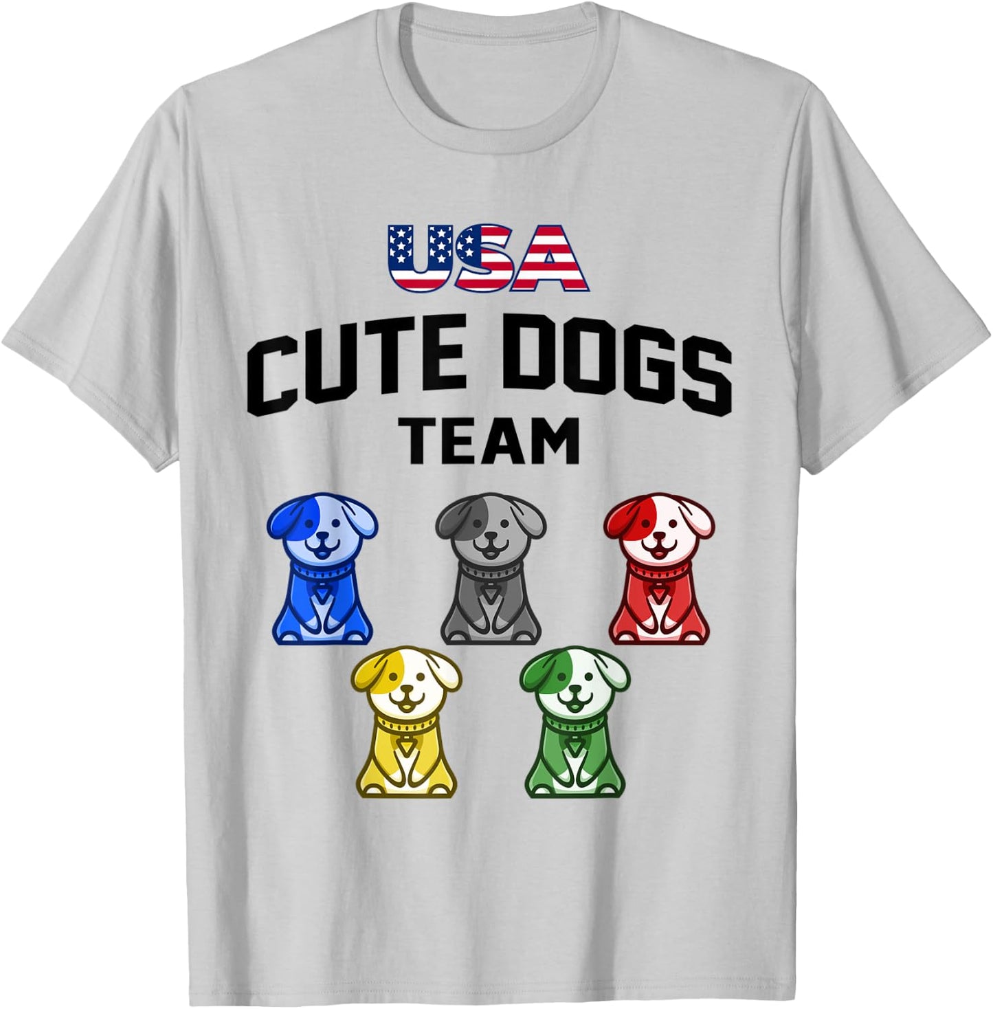 Funny Cute Dogs USA Puppy Team 5 Rings Colors Flag T-Shirt - T-Shirt | Ash