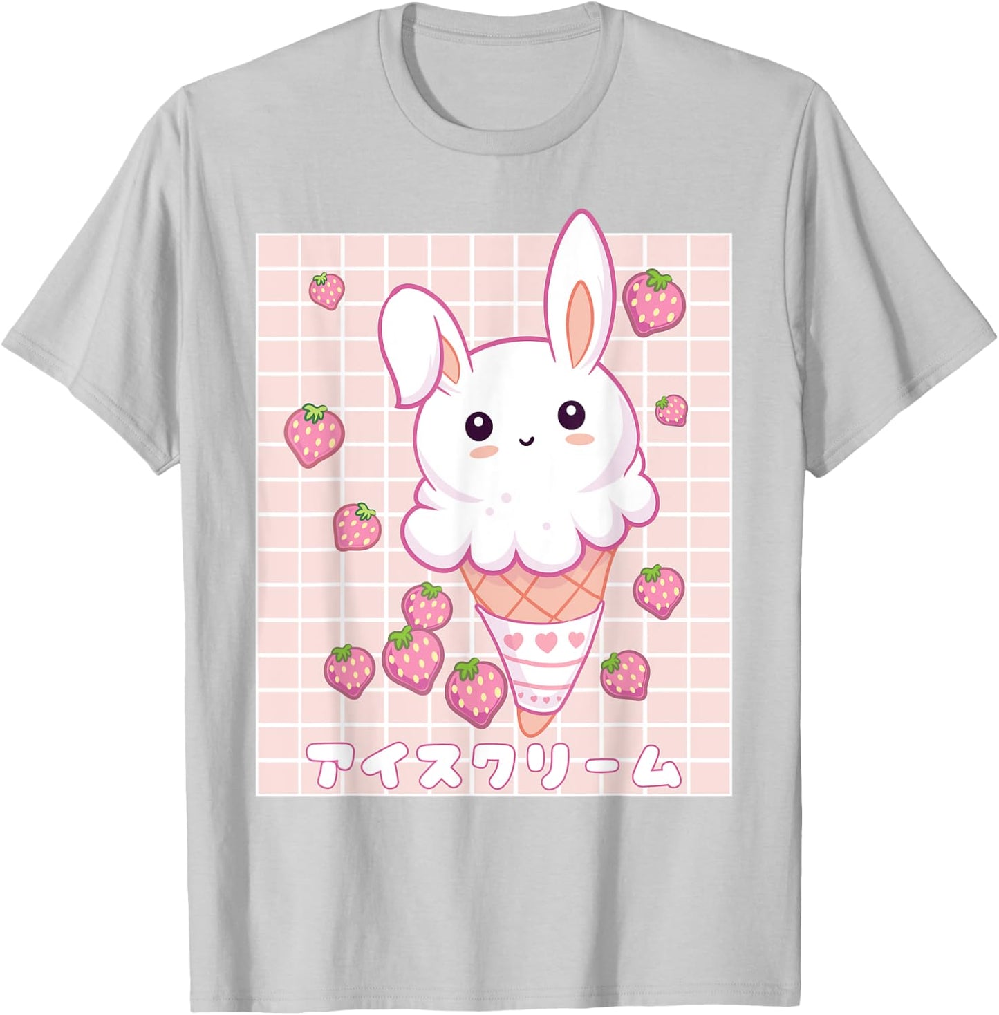 Kawaii Aesthetic Strawberry Ice Cream Bunny Vaporwave T-Shirt - T-Shirt | Ash