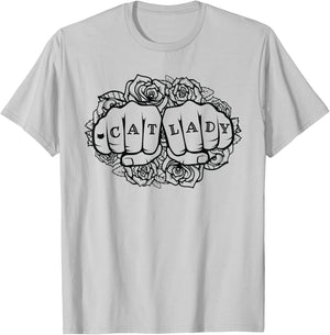 Cat Lady Shirt Cat Lover Knuckle Tattoo Cats and Tats Shirt T-Shirt - T-Shirt | Ash