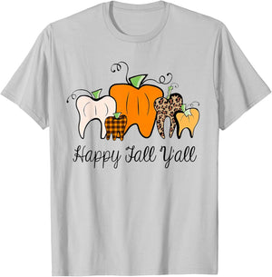 Happy Fall Y'all Pumpkin Tooth Lepard Halloween Dentist Fall T-Shirt - T-Shirt | Ash