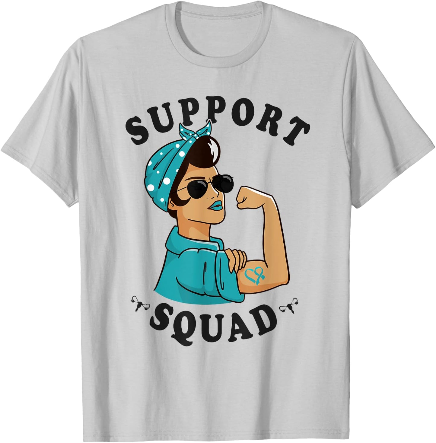 "Support Squad" Teal Ribbon Bandana Women Ovarian Cancer T-Shirt - T-Shirt | Ash