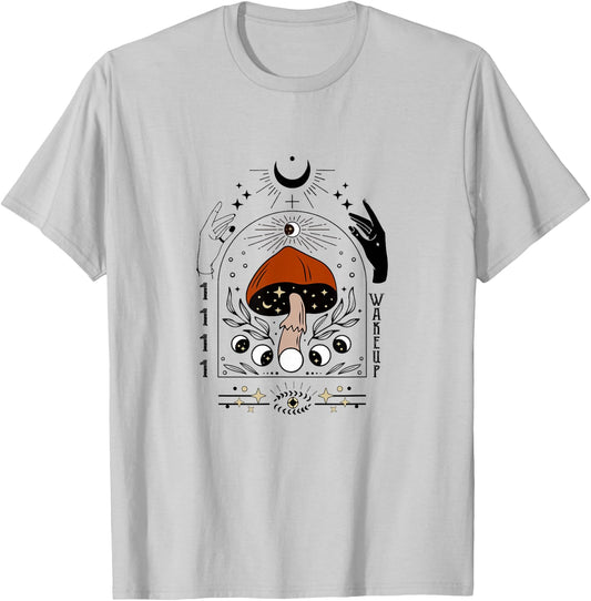 1111 Wake Up Angel Number Spiritual Mystical Mushroom 11:11 T-Shirt - T-Shirt | Ash