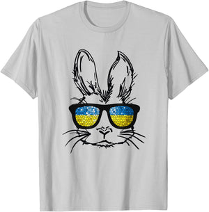 Cute Bunny Face Wearing Glasses Ukraine Flag Easter Day T-Shirt - T-Shirt | Ash