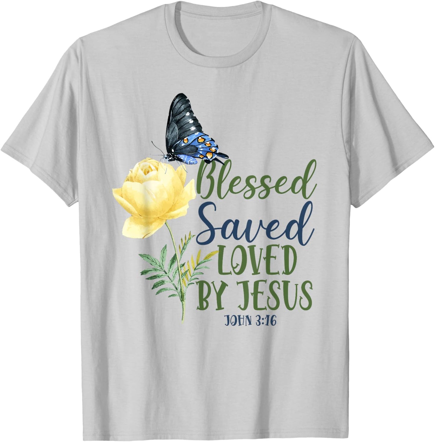 Christian Bible Verse Quote Butterfly Rose Flower John 3:16 T-Shirt - T-Shirt | Ash