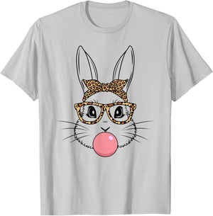 Bunny Face With Glasses Leopard Print Happy Easter Day Women T-Shirt - T-Shirt | Ash