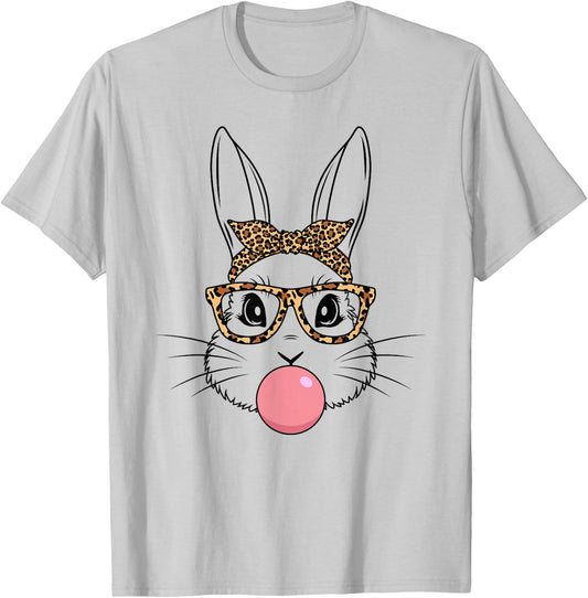 Bunny Face With Glasses Leopard Print Happy Easter Day Women T-Shirt - T-Shirt | Ash