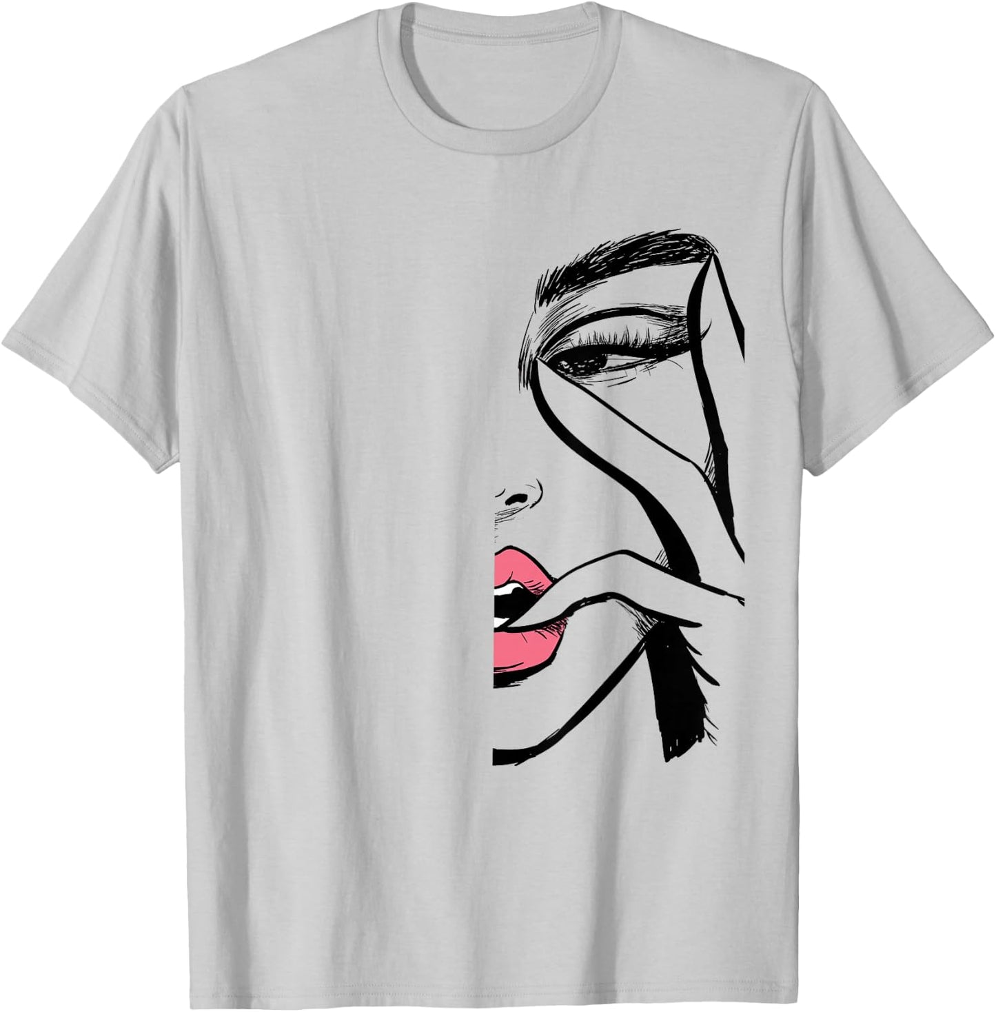 Beautiful Lady Face Makeup Women Face Line Art Eyes Lip T-Shirt - T-Shirt | Ash