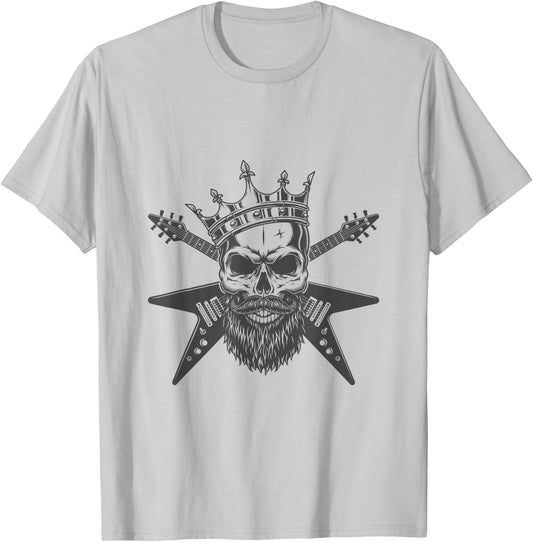 Bearded Guitar King Crown Skull Shirt Black T-Shirt - T-Shirt | Ash