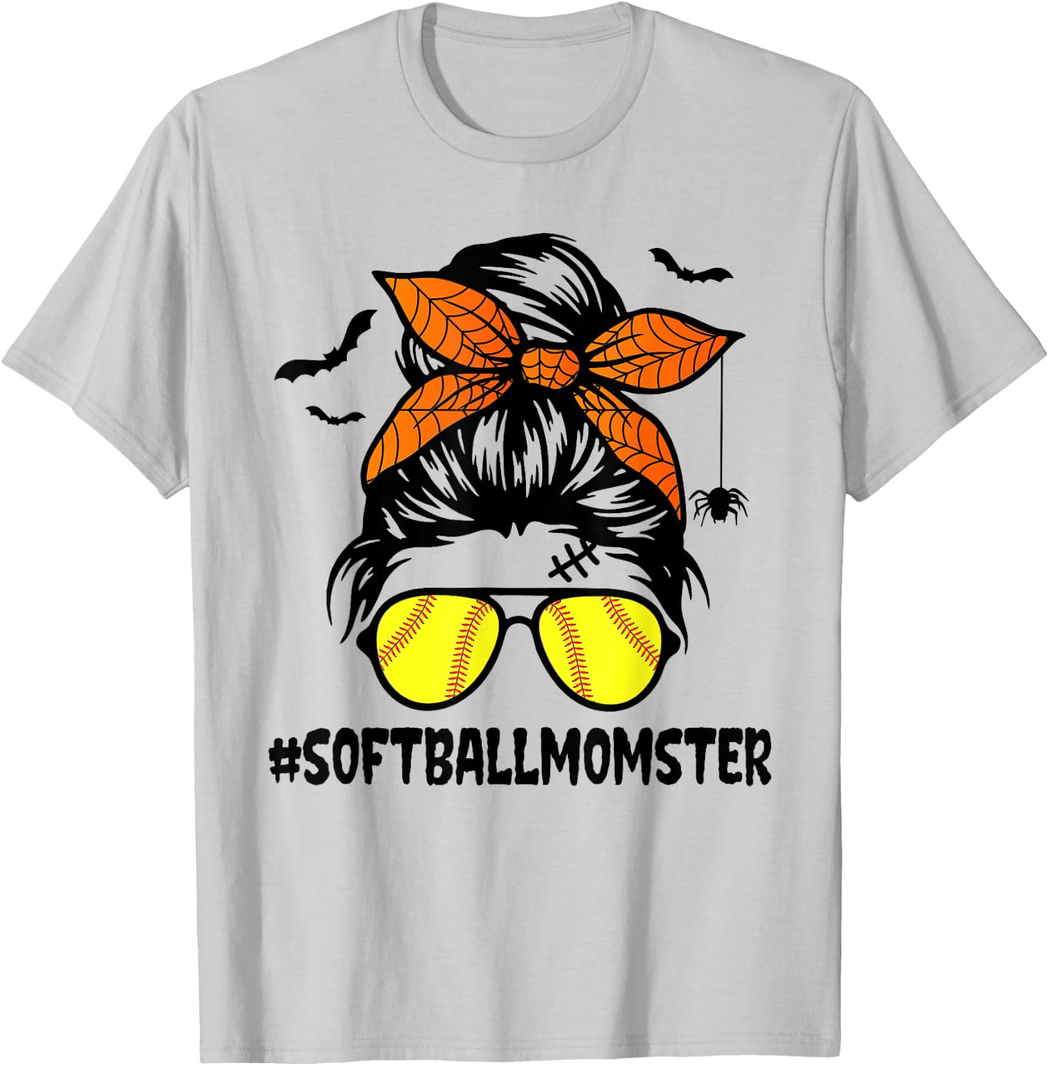 Softball Momster Shirt Halloween Mom Messy Bun T-Shirt - T-Shirt | Ash