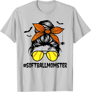 Softball Momster Shirt Halloween Mom Messy Bun T-Shirt - T-Shirt | Ash
