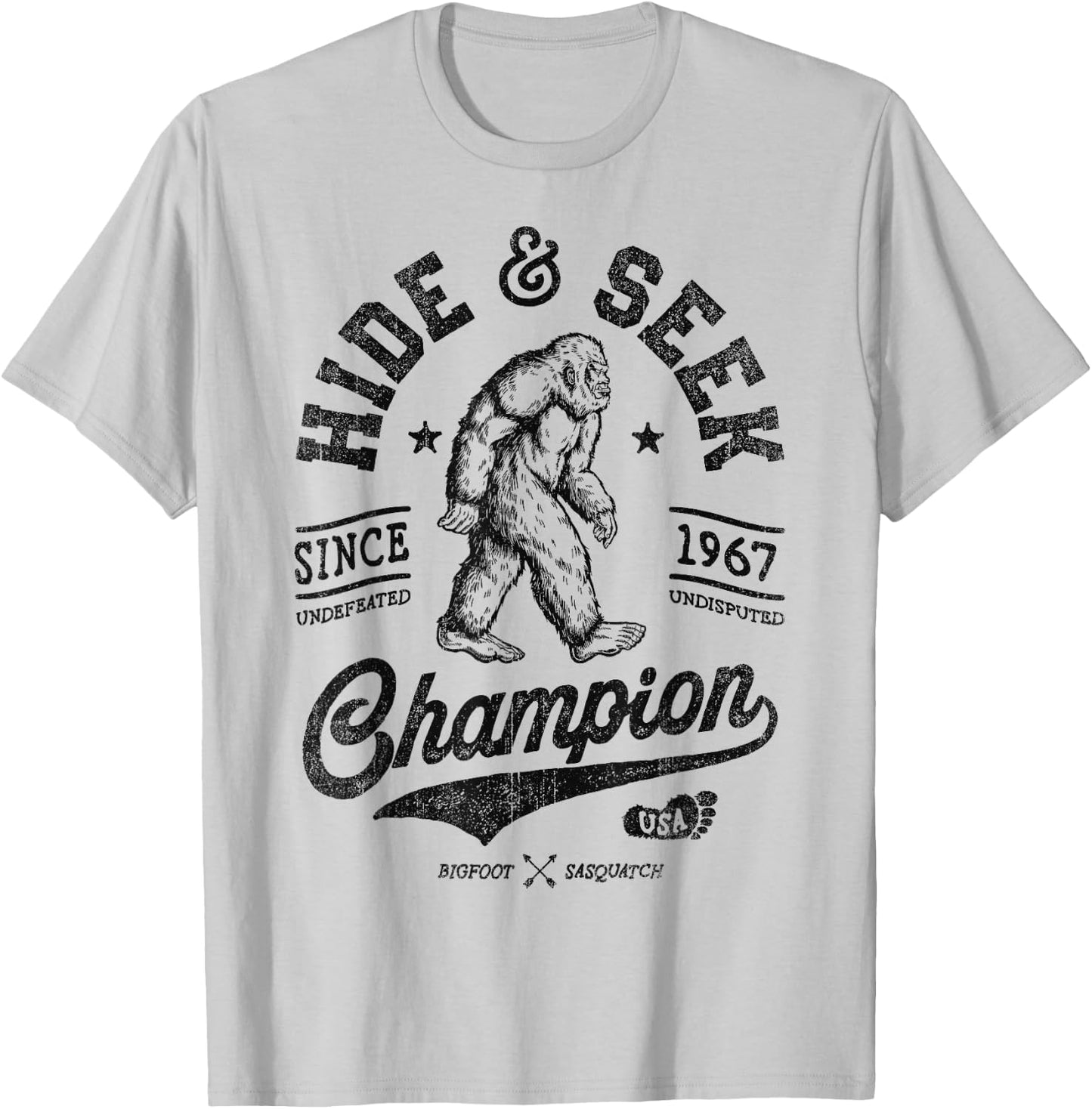 Bigfoot Hide And Seek Champion Funny Sasquatch Retro Vintage T-Shirt - T-Shirt | Ash