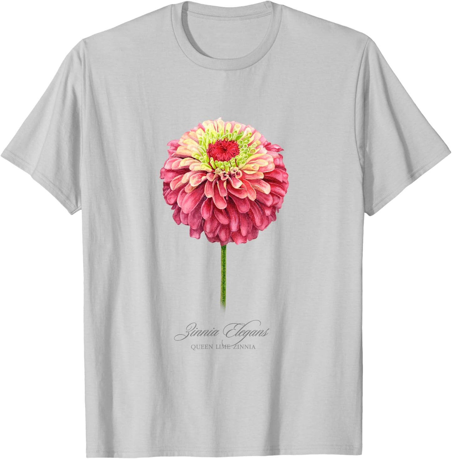 Red and Pink Zinnia Flower Botanical Painting T-Shirt - T-Shirt | Ash