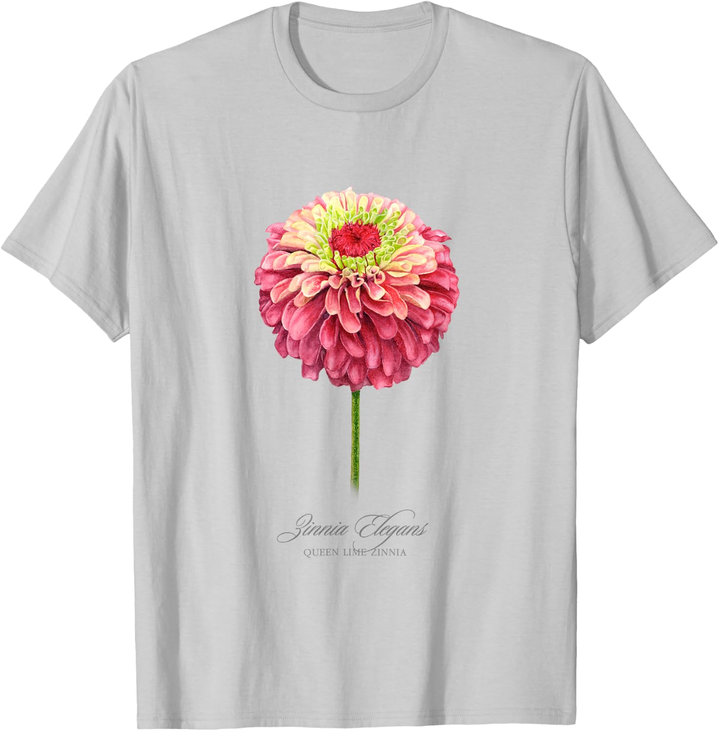 Red and Pink Zinnia Flower Botanical Painting T-Shirt - T-Shirt | Ash