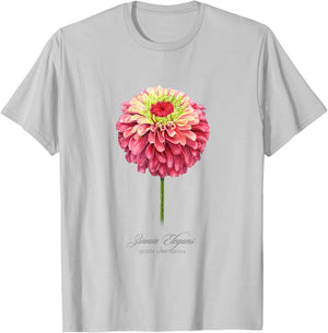Red and Pink Zinnia Flower Botanical Painting T-Shirt - T-Shirt | Ash