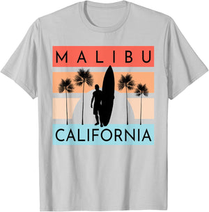 Malibu California Beach Surfing Ocean Summer Vacation Retro Men Women Kids T-Shirt - T-Shirt | Ash