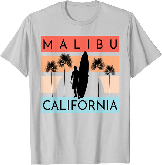 Malibu California Beach Surfing Ocean Summer Vacation Retro Men Women Kids T-Shirt - T-Shirt | Ash