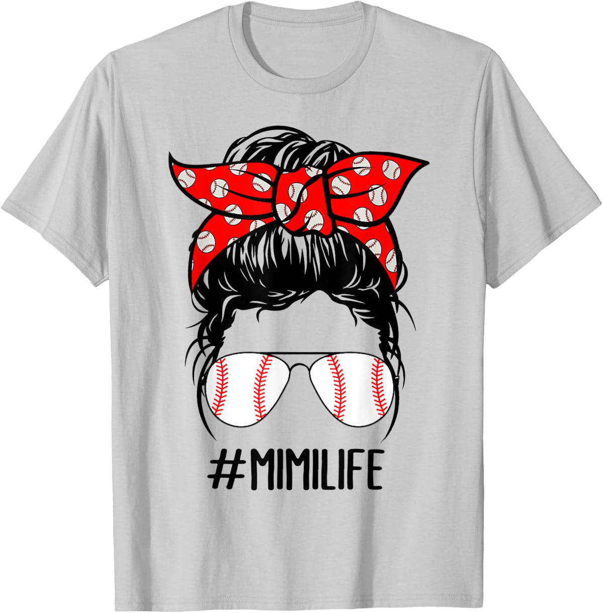 Mimi Life Baseball Softball Women Mothers Day Messy Bun T-Shirt - T-Shirt | Ash