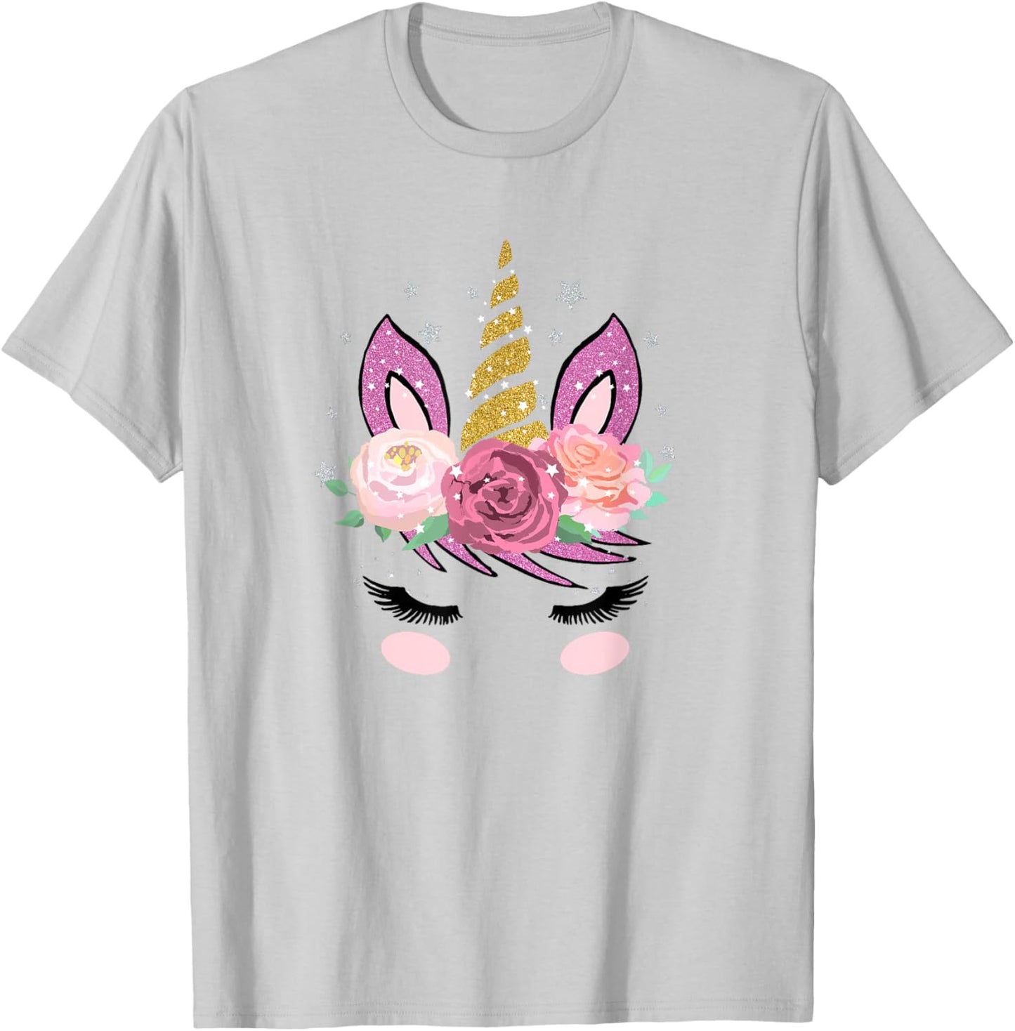 Cute Unicorn Face With Flowers And Beautiful Lashes Gift T-Shirt - T-Shirt | Ash