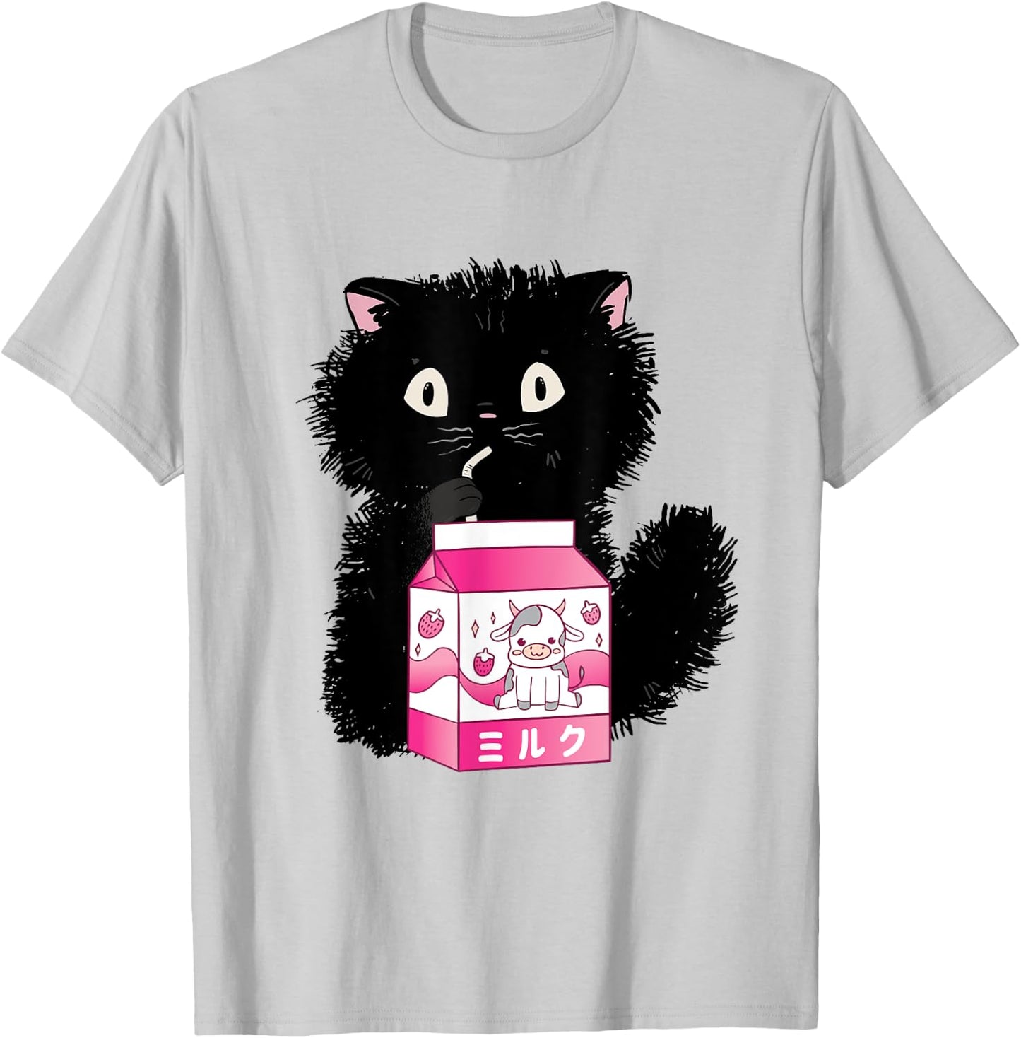 Girls Cute Cat Strawberry Milk Kawaii Cow and Kitten T-Shirt - T-Shirt | Ash