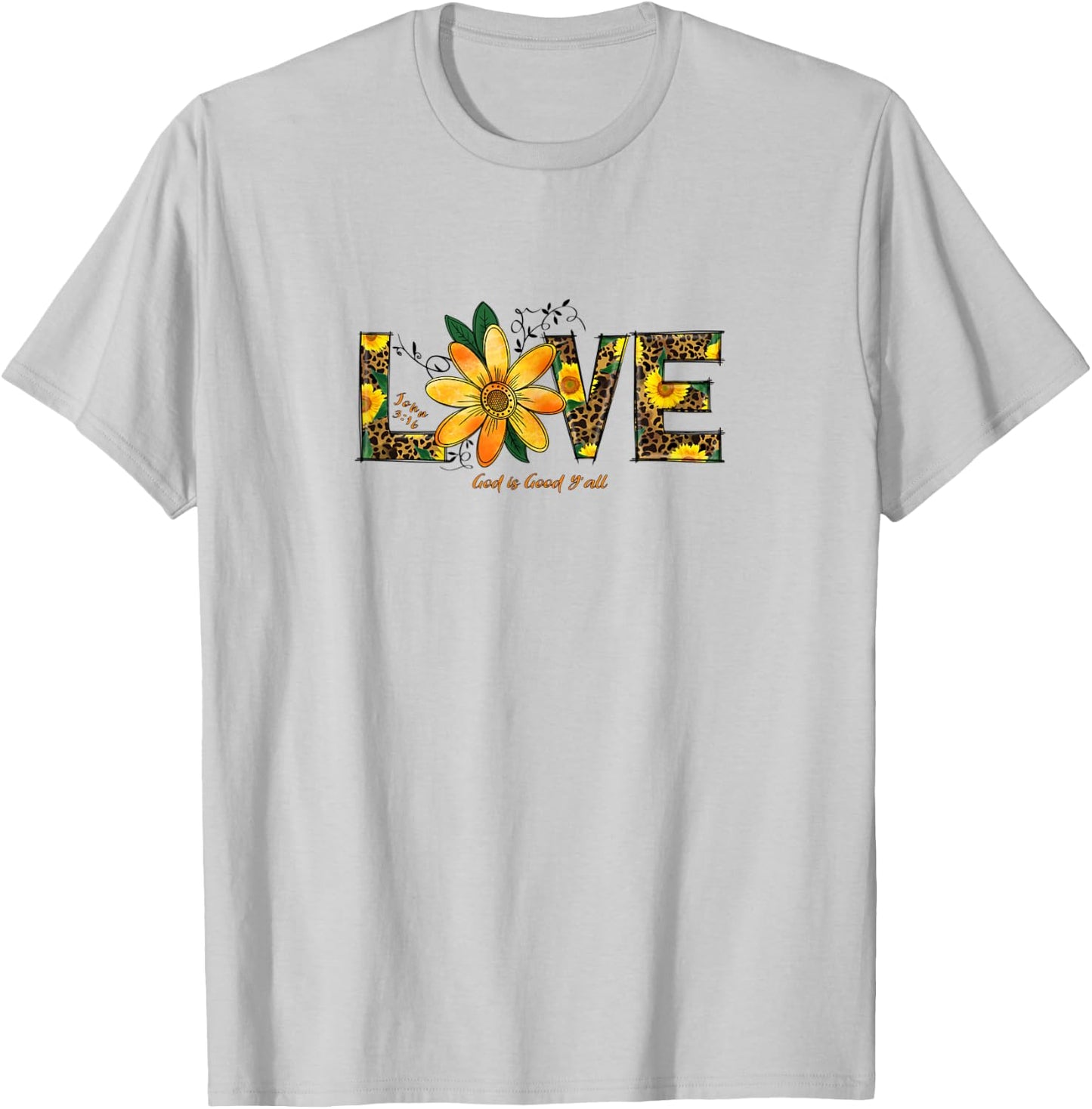 LOVE Leopard and Sunflowers, John 3:16 Christian Scripture T-Shirt - T-Shirt | Ash