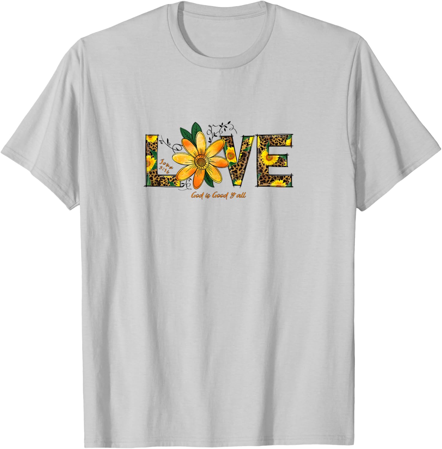 LOVE Leopard and Sunflowers, John 3:16 Christian Scripture T-Shirt - T-Shirt | Ash