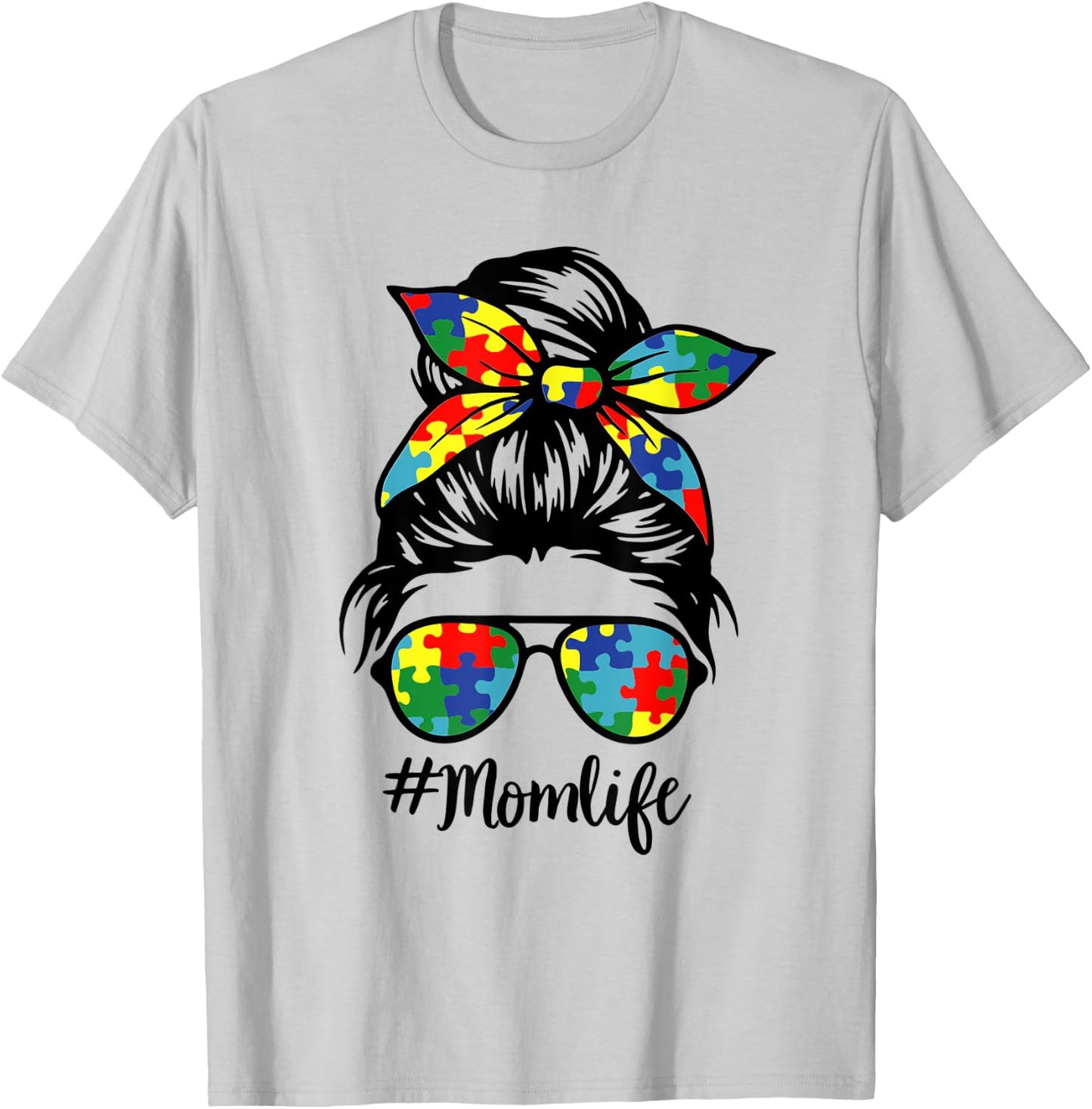 Autism Mom Life Puzzle Messy Bun Autism Awareness Month T-Shirt - T-Shirt | Ash