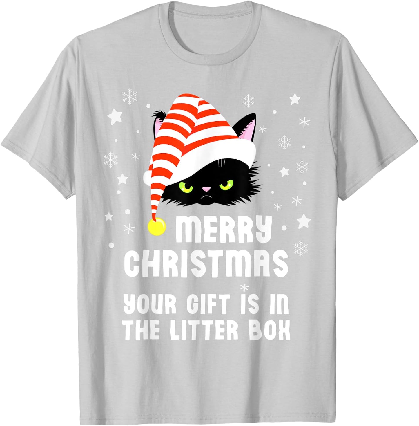 Merry Christmas Top Your Gift is in the Litter Box Cat Funny Men Women Kids T-Shirt - T-Shirt | Ash