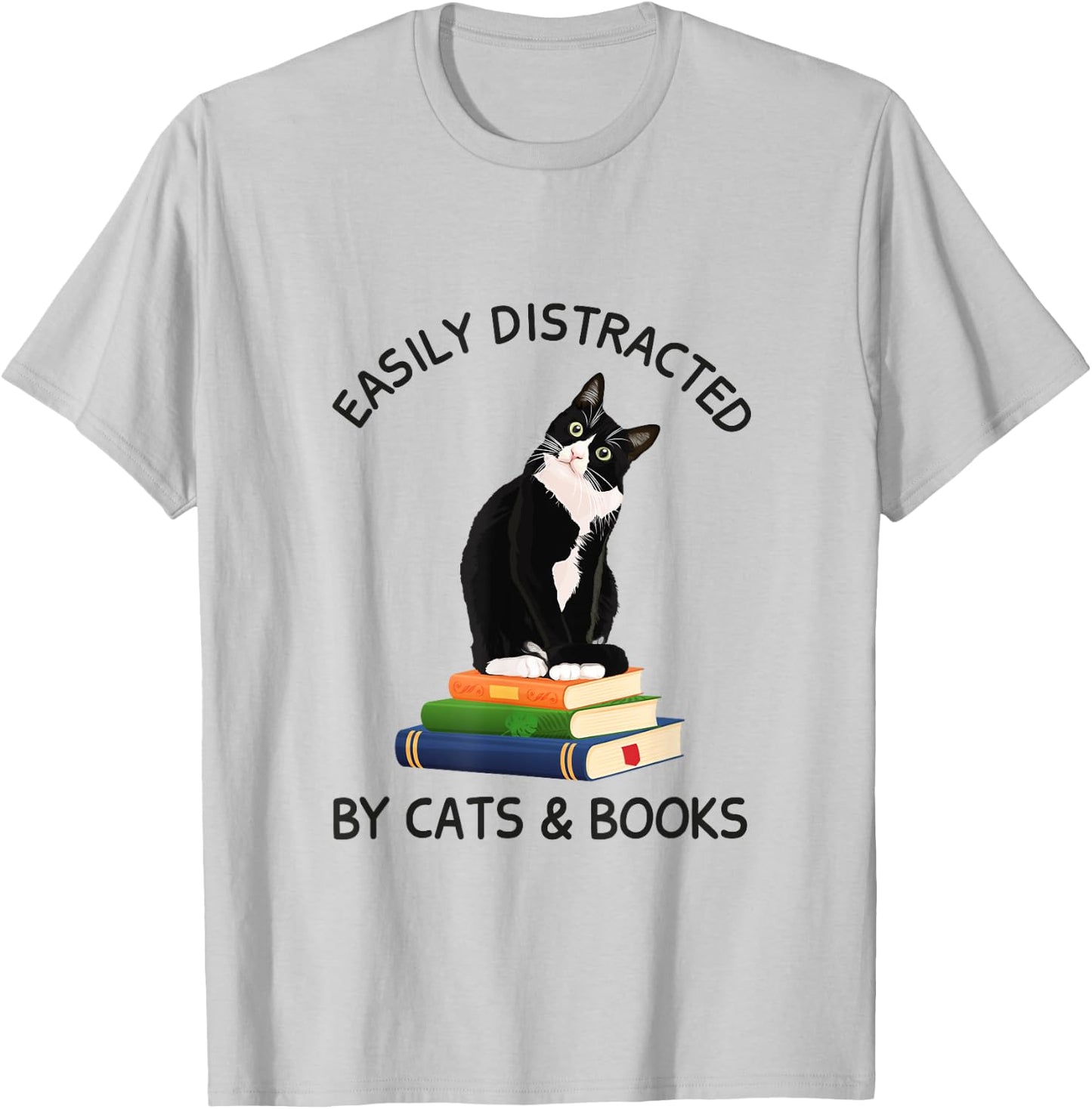 Easily Distracted By Cats And Books, Cat On A Pile Of Books Women Kids T-Shirt - T-Shirt | Ash