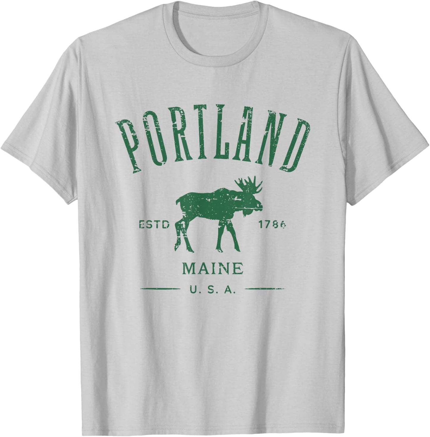 Portland Maine USA with Moose Distressed Design Souvenir T-Shirt - T-Shirt | Ash