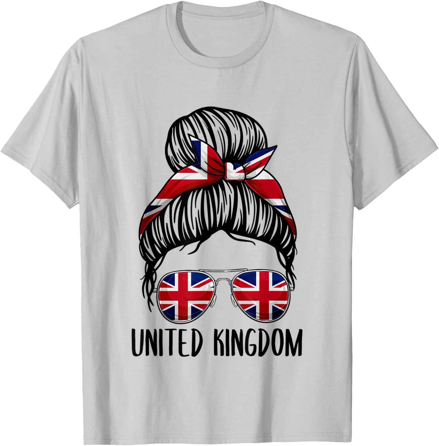 United Kingdom Shirt For Girls Women, Messy Bun British Flag T-Shirt - T-Shirt | Ash