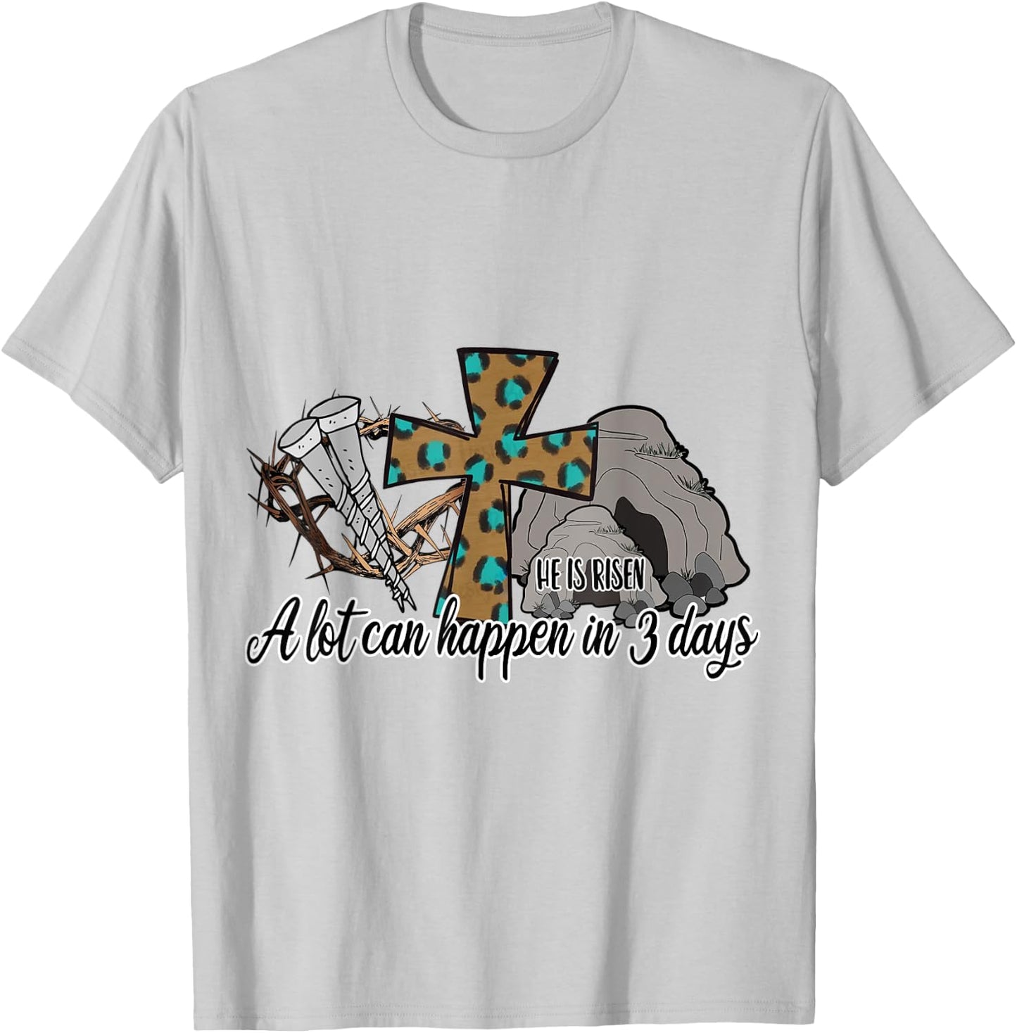 He Is Risen Jesus Christian Stone Cave Leopard Happy Easter T-Shirt - T-Shirt | Ash