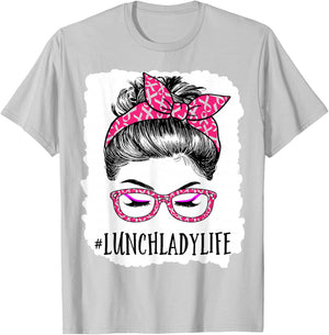 Lunch Lady In October We Wear Pink Messy Bun Cancer T-Shirt - T-Shirt | Ash