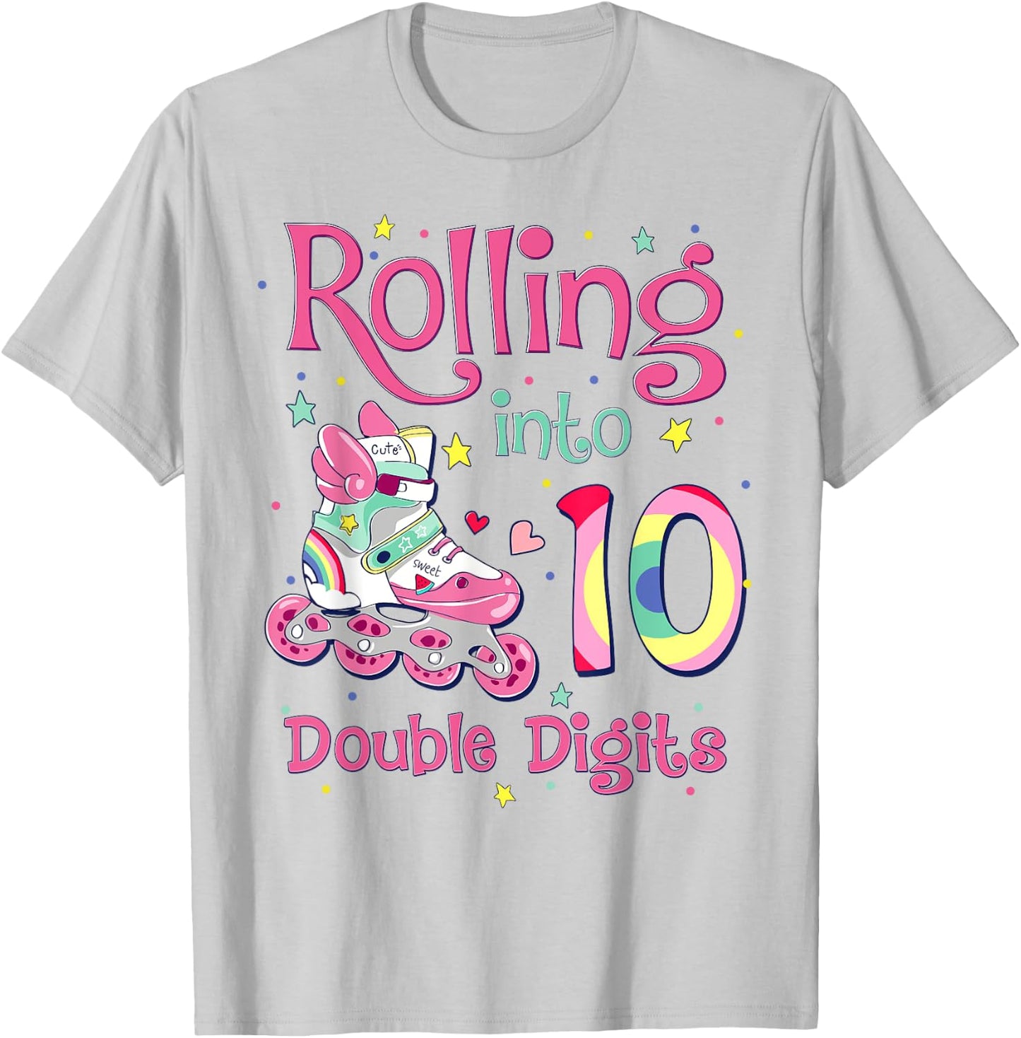 10th Birthday Rolling Into 10 Double Digits Roller Skate T-Shirt - T-Shirt | Ash