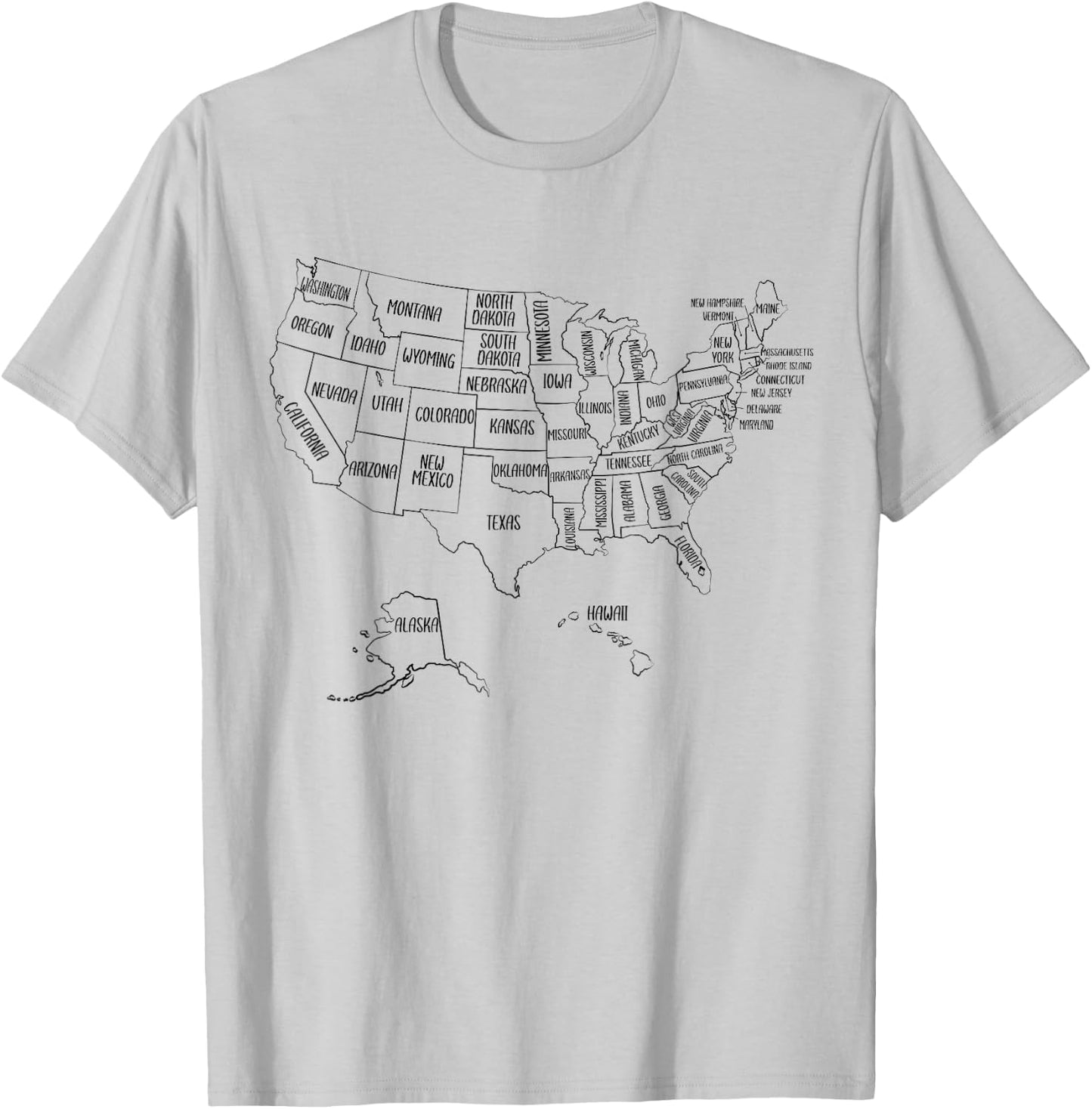 Black Outline Map of the 50 United States, USA Political map T-Shirt - T-Shirt | Ash