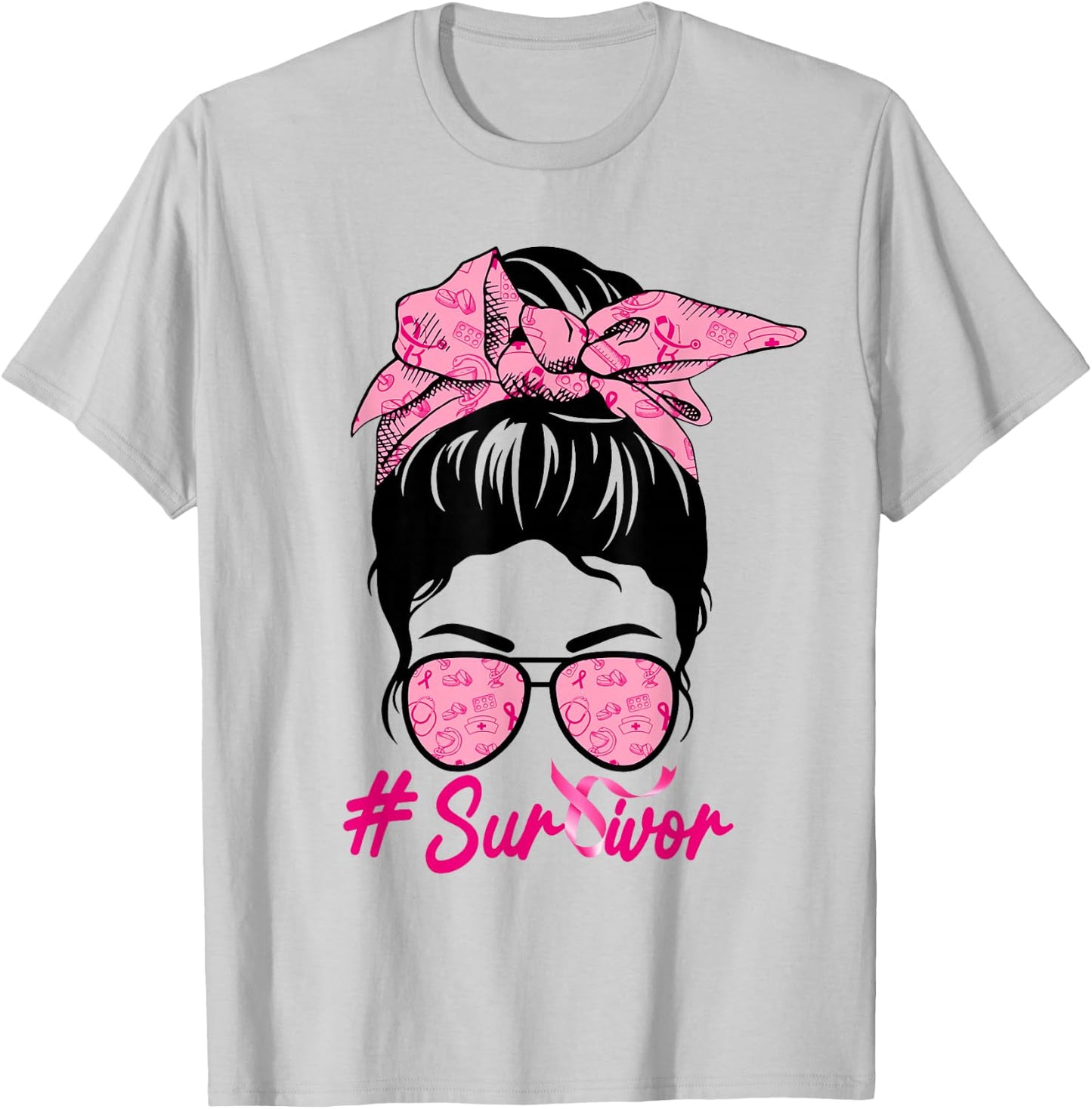 Survivor Messy Bun Pink Breast Cancer Awareness T-Shirt - T-Shirt | Ash