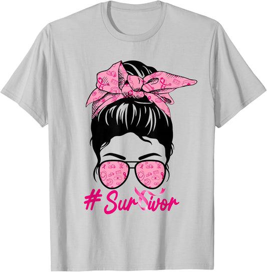 Survivor Messy Bun Pink Breast Cancer Awareness T-Shirt - T-Shirt | Ash