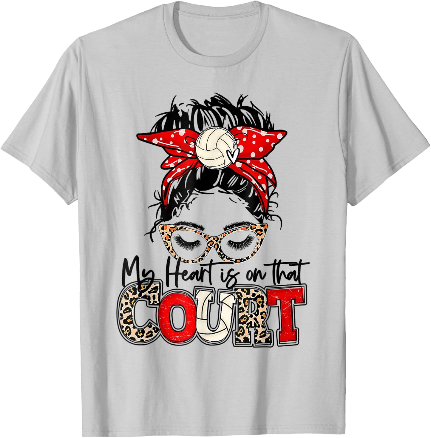 Leopard Messy Bun My Heart Is On That Court Volleyball Vibes T-Shirt - T-Shirt | Ash