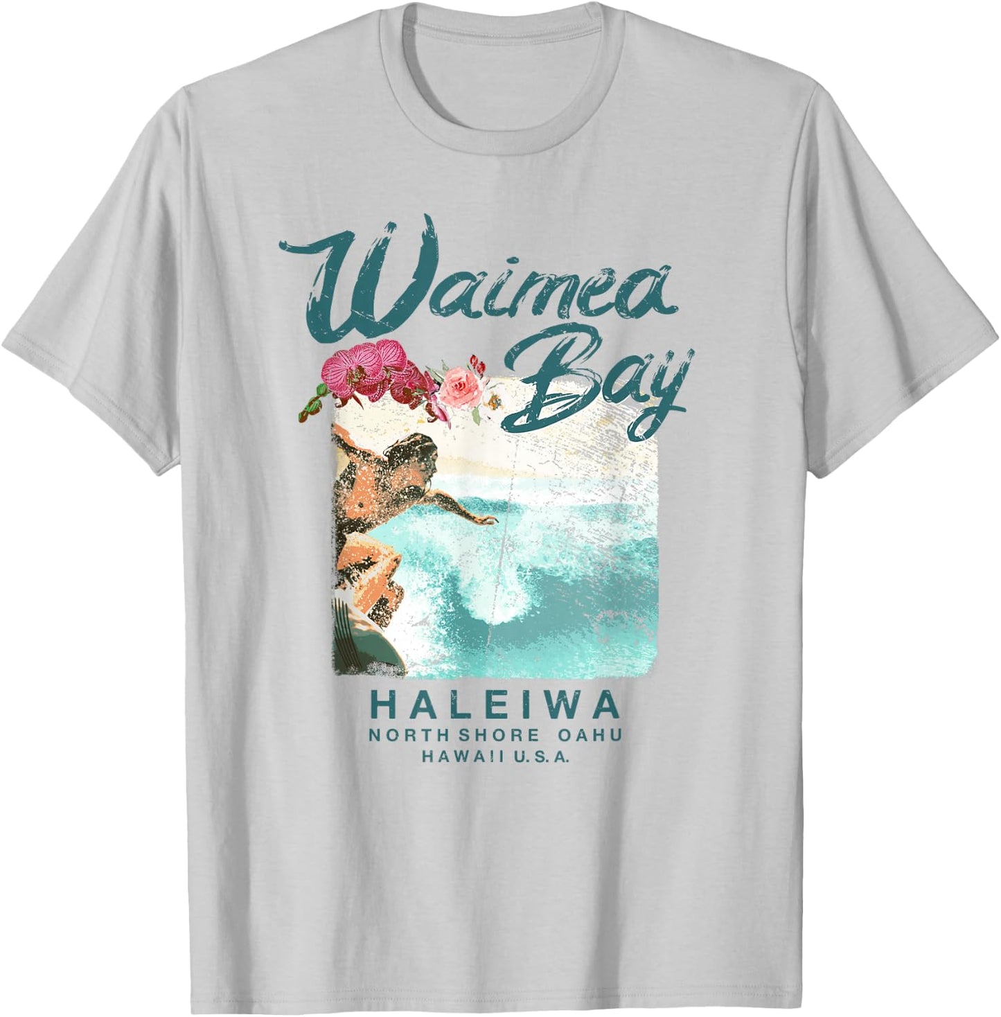 Waimea Bay Hawaii Vintage Hawaiian Surf T-Shirt - T-Shirt | Ash