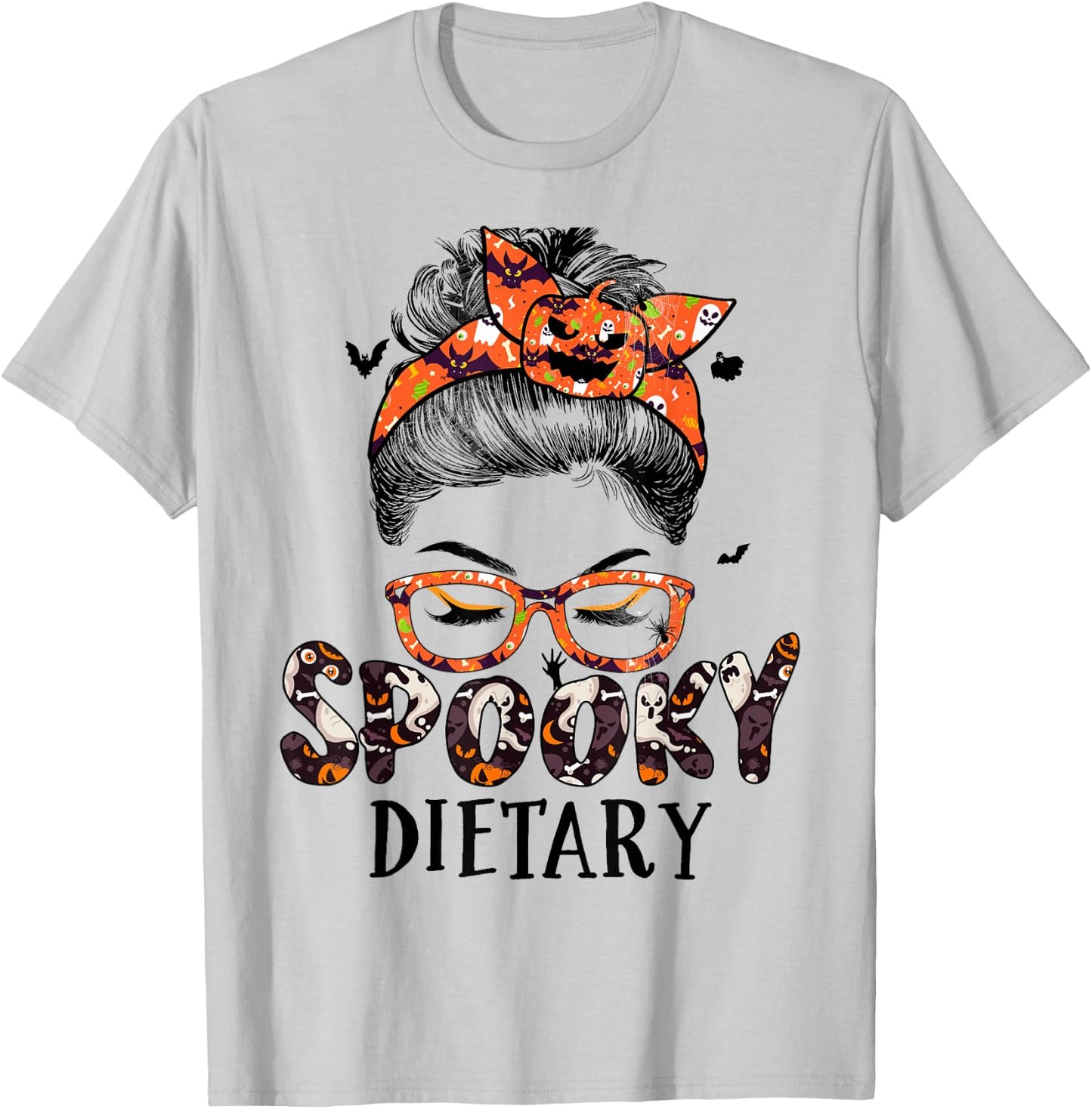 Messy Bun Spooky Dietary Women Pumpkin Halloween Bat T-Shirt - T-Shirt | Ash