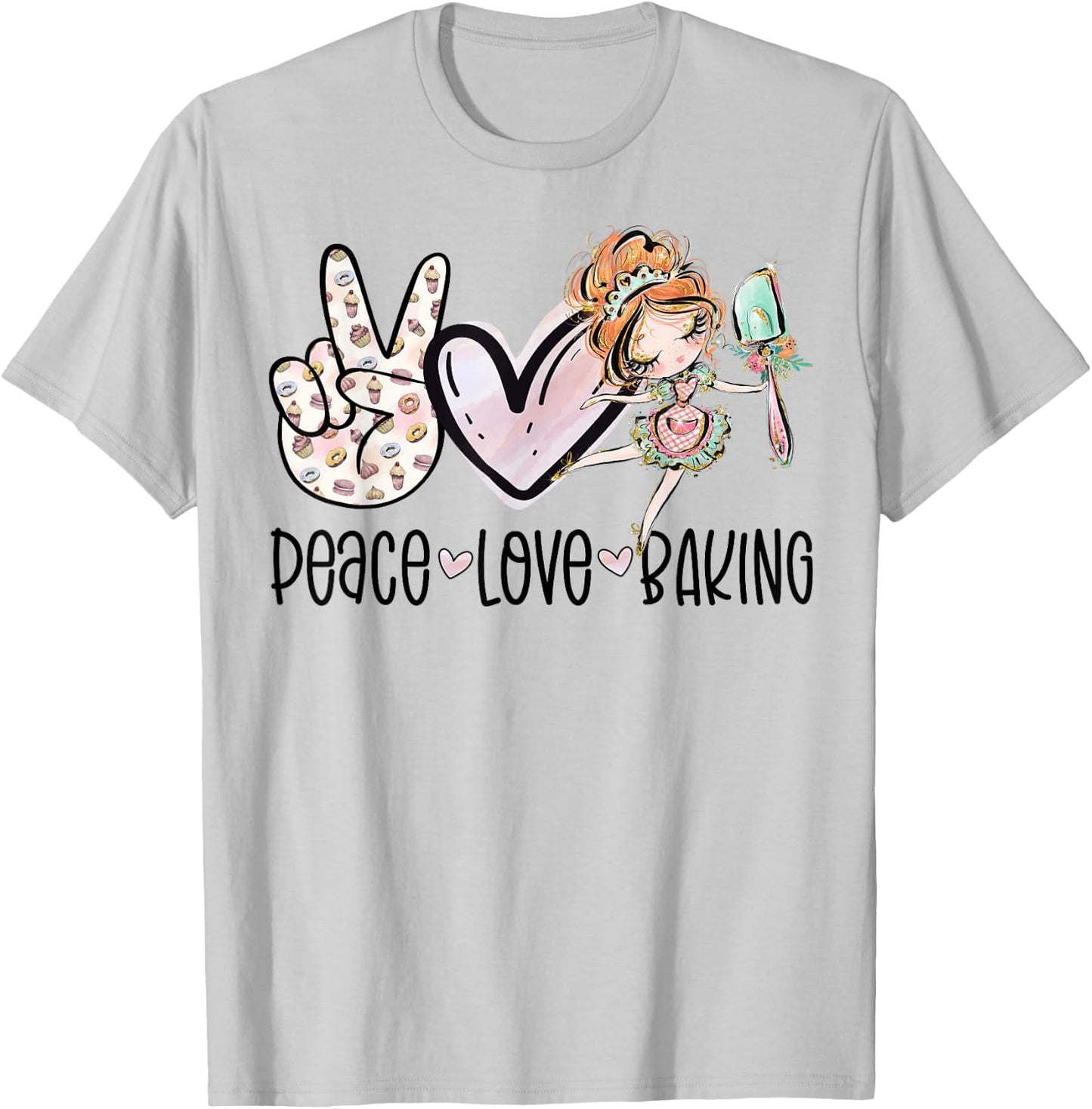 Peace Love Baking Cute Baker Girl Bakery Bake Funny Baking T-Shirt - T-Shirt | Ash